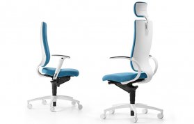 Chefsessel und Bürodrehstuhl mit organisch ausgeformter Rückenlehne und dreigeteilter Sitzschale